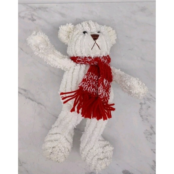 White Chenille Bear Plush Stuffed Animal Christmas Holiday Scarf Fine Toy Co 10" - Picture 6 of 10